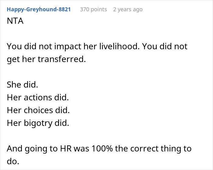 Screenshot of a comment discussing Islamophobia and coworker conflict related to bigotry and HR intervention.