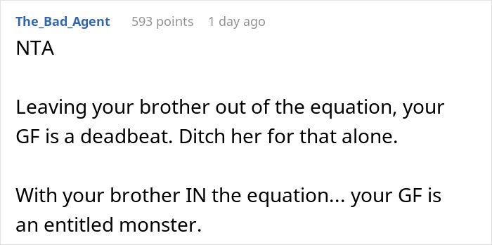 Reddit comment discussing a teen working two jobs after losing parents, criticized by brother’s girlfriend as freeloading.