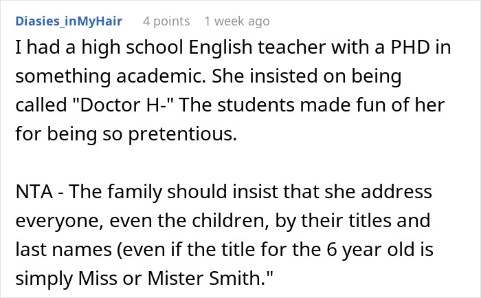Aunt with PhD expects family and husband to always call her doctor, emphasizing respect for academic titles. - 46