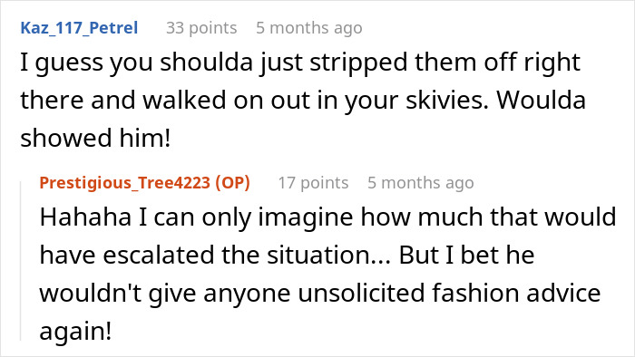 Online conversation showing a boomer complaining about stranger’s pants and reacting to his unexpected response. - 17