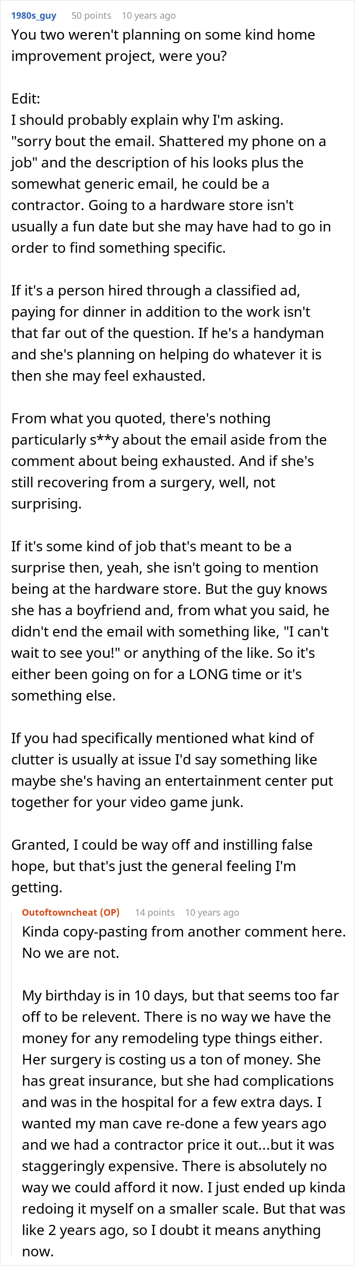 Screenshot of an online forum discussing best friend saw girlfriend with another man and checking email concerns.