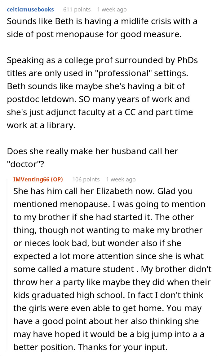 Discussion about an aunt with PhD expecting husband and family to call her doctor in casual online comments. - 14