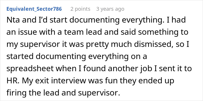 Comment discussing documenting issues with a team lead and supervisor leading to their firing after an exit interview.
