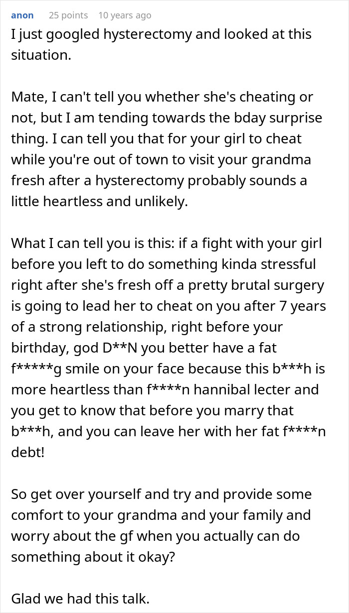 Commenter advising about best friend saw girlfriend another man situation, discussing trust and relationship concerns.