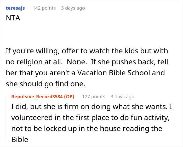 Discussion about babysitting nephews focusing on studying the Bible versus non-religious activities during child care. Discussion about babysitting nephews focusing on studying the Bible versus non-religious activities during child care.