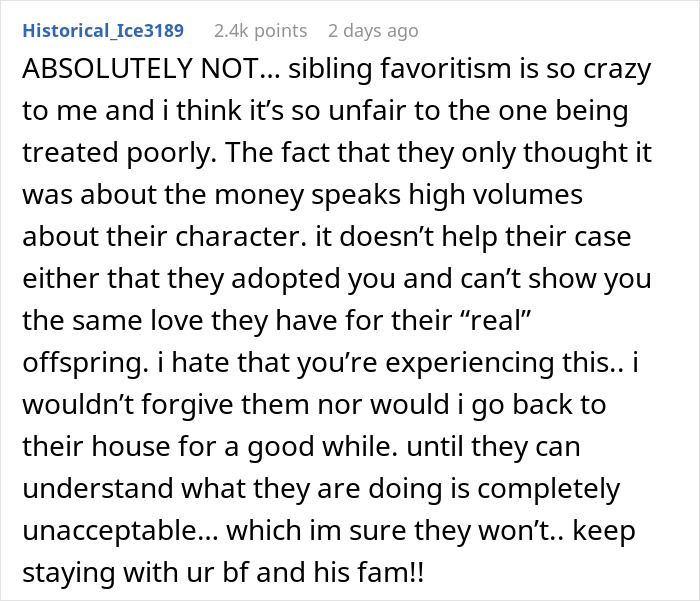 Comment expressing frustration about parents playing favorites and the impact on their adopted daughter after graduation.