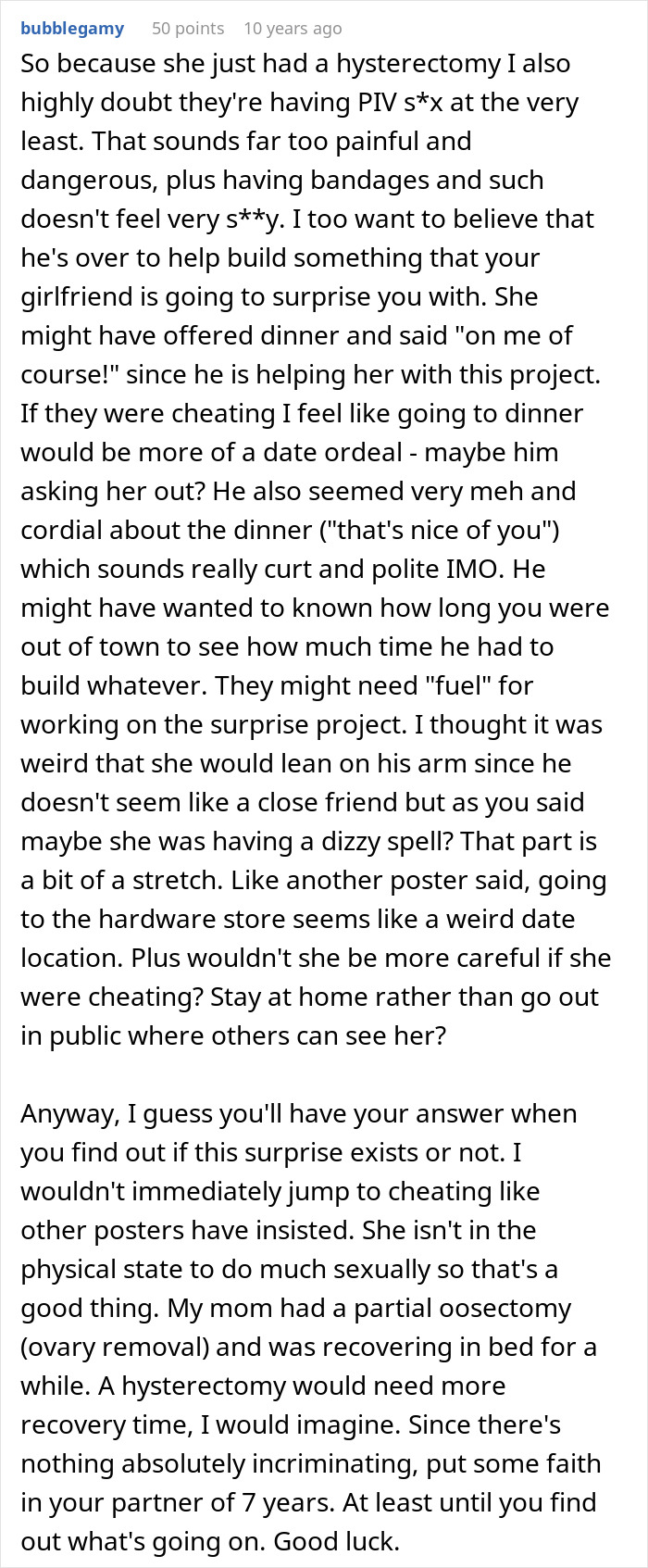 Forum post discussing doubts about best friend saw girlfriend another man and questioning if cheating is involved after medical recovery.