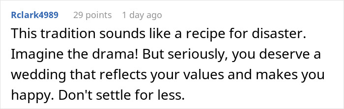 Screenshot of a Reddit comment discussing a weird family tradition related to call off wedding drama and personal happiness.