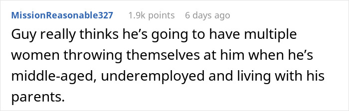 Reddit comment criticizing husband’s demands for a child and open marriage, highlighting his underemployment and living situation. - 85