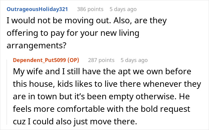 Screenshot of a Reddit conversation discussing a man buying his wife’s childhood home and a family dispute over moving out. - 24