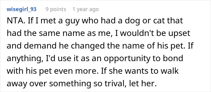 Comment discussing a woman upset her partner won’t rename their cat, highlighting relationship and pet name conflict. - 35