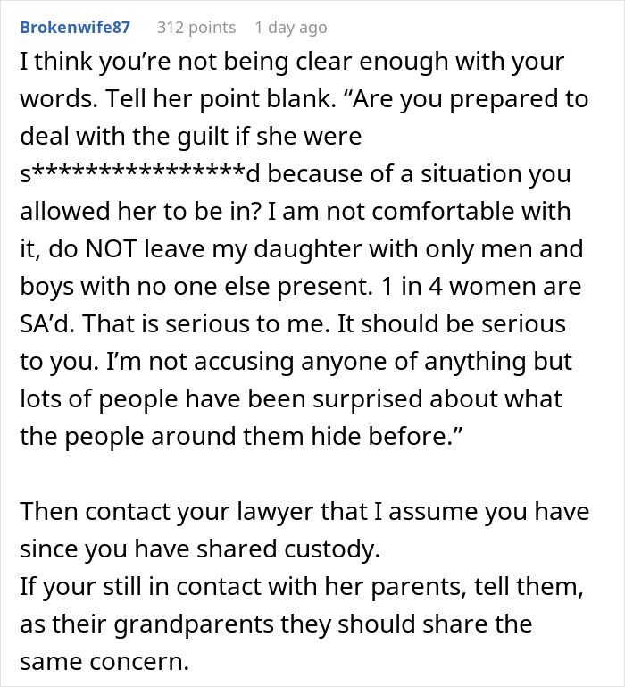 Commenter expressing concern about leaving an 8-year-old with only men present, emphasizing safety and custody advice.