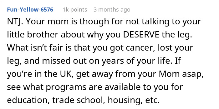 Comment discussing a girl who survives cancer and accepts a prosthetic leg while addressing brother's unfair behavior.