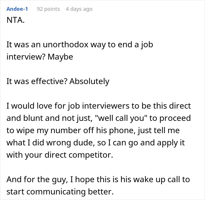 Screenshot of a Reddit comment discussing a job interview experience with a guy who had a high chance of getting hired.