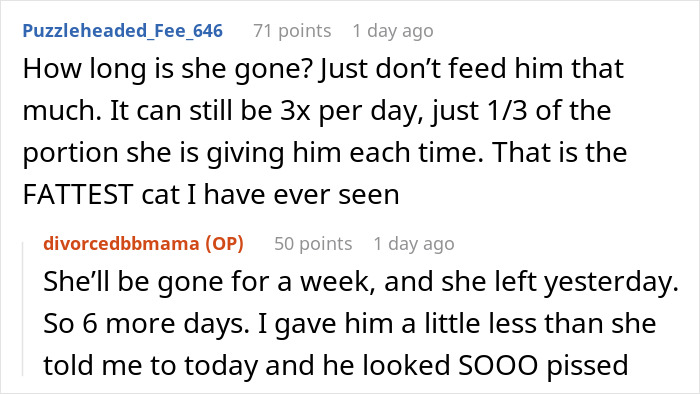 Screenshot of a Reddit conversation about a severely overweight cat and feeding concerns between two users. - 24