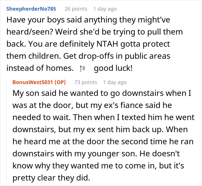 Reddit users discuss a lady refusing ex's stepkid bathroom access, suspecting he wants to snoop and protect her children.
