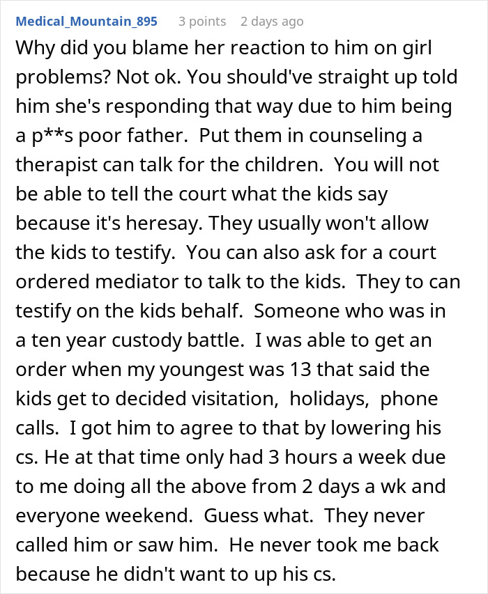 Comment discussing consequences faced by a man labeled a deadbeat dad for refusing a small favor from his wife.