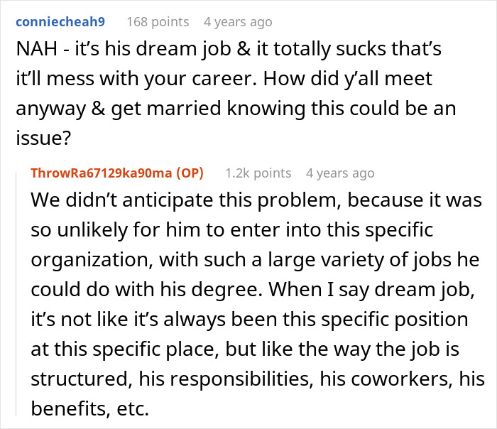 Reddit conversation discussing asking husband to turn down dream job due to its impact on career and family issues. - 20