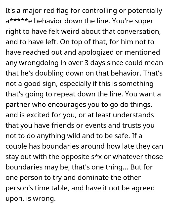 Text about recognizing red-flag behavior in relationships and fearing for safety after one argument with boyfriend.