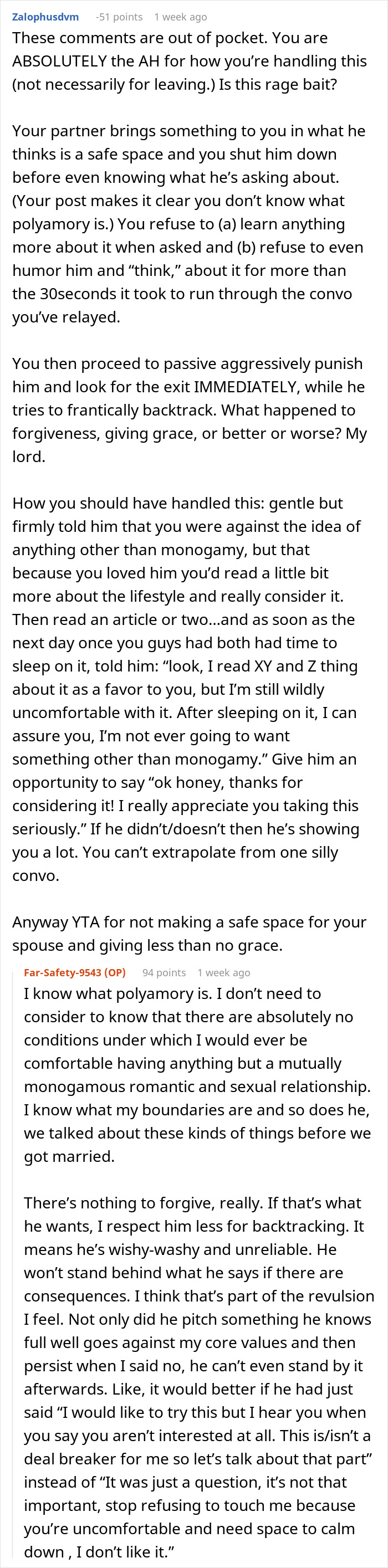 Text conversation discussing a woman heartbroken after husband suggests trying polyamory one year into their marriage. - 43