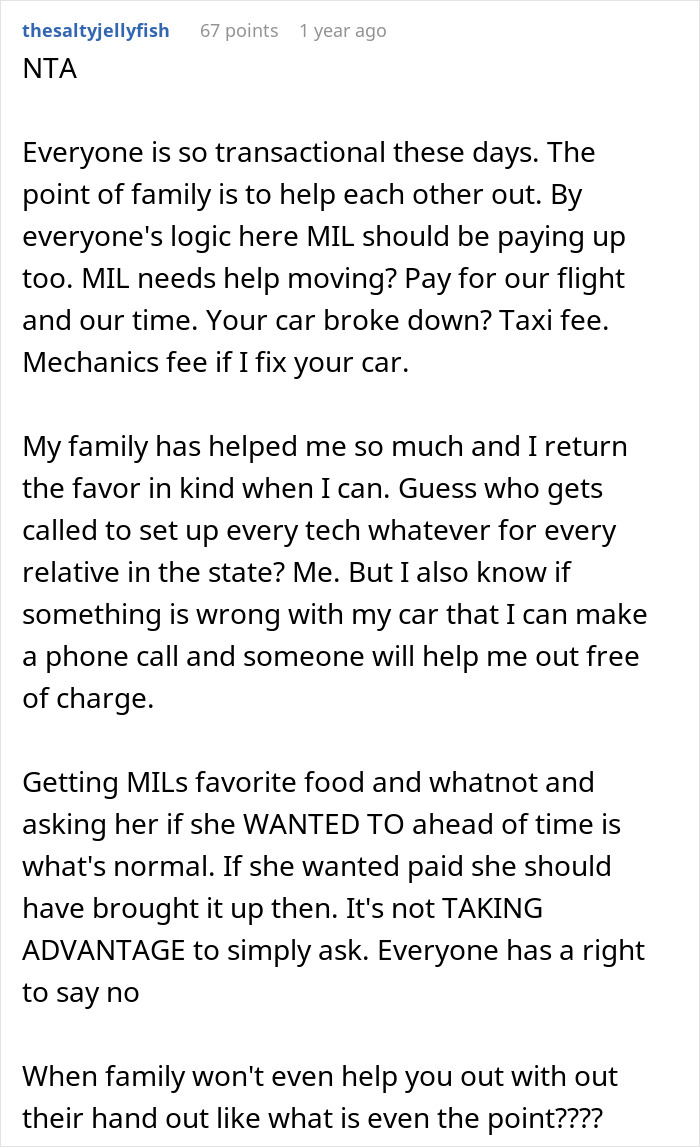 Reddit comment discussing refusing to pay MIL for babysitting and expectations of family help without payment.