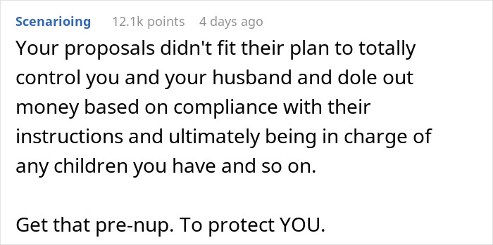 Reddit comment discussing in-laws demanding woman quit job for “emasculating” their son and her strong response. - 21
