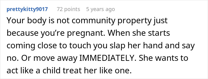 Comment warning about setting boundaries with a MIL at a gender reveal, emphasizing personal space and respect.