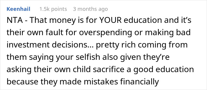 Screenshot of a Reddit comment discussing a teen refusing to sacrifice her future due to parents’ financial mistakes. - 11