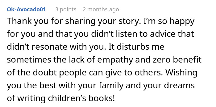 Comment expressing gratitude for sharing a story about a husband&rsquo;s sudden decision to move in his disabled siblings.