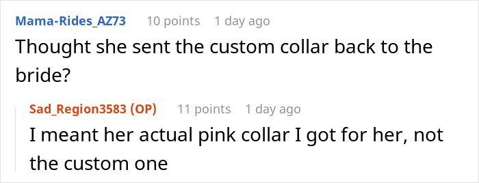 Comments discussing a woman handling a bride’s requests and a pink collar for a dog, revealing unexpected demands. - 40