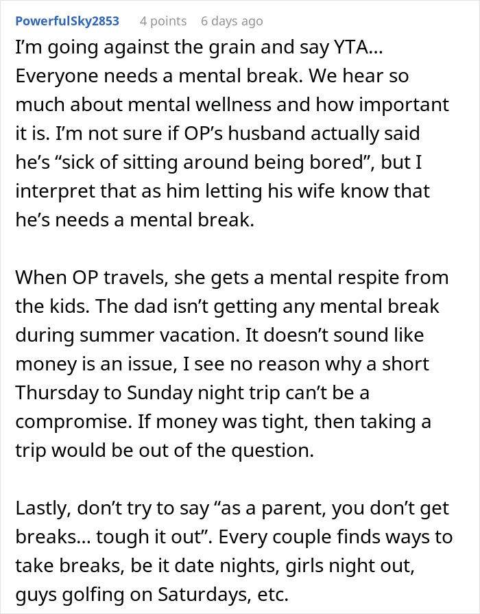 Reddit comment discussing mental breaks and solo trip desires during parenting of young kids and twins. - 44