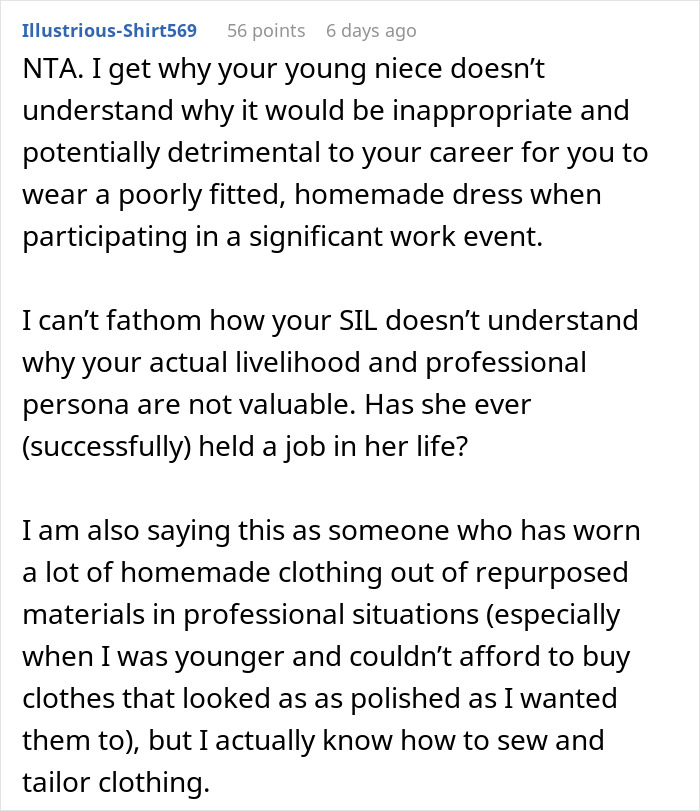 Reddit comment explaining why woman refuses to wear niece&rsquo;s handmade dress for career event due to poor fit and professionalism.
