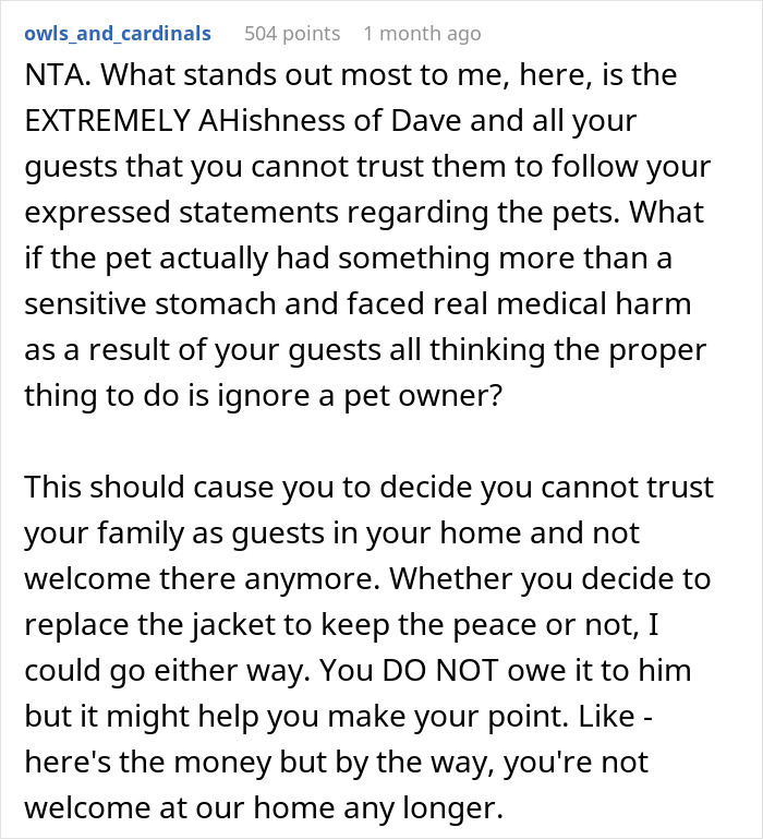 Screenshot of an online comment discussing a woman refusing to replace nephew&rsquo;s jacket ruined by dog&rsquo;s accident.