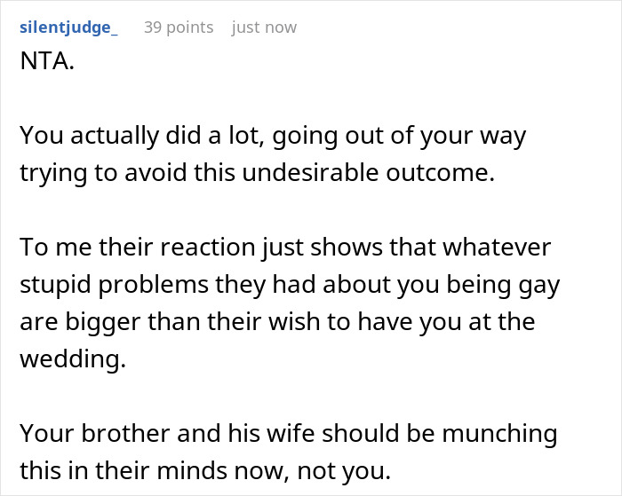Comment discussing a gay man&rsquo;s experience with family rejection over attending twin&rsquo;s wedding with partner.