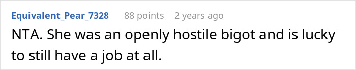 Screenshot of a comment calling out blatant Islamophobic behavior by a woman toward her Muslim coworker.