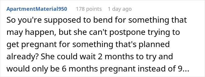 Screenshot of a Reddit comment discussing bride refusing to move wedding despite sister possibly being pregnant. - 14