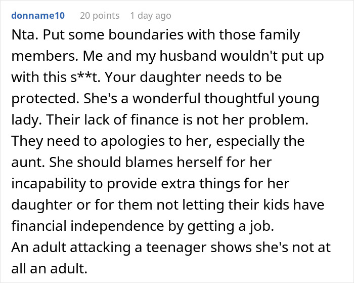 Screenshot of a comment discussing a 21YO spending hard-earned money on a family vacation causing family tension.