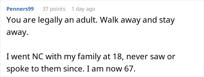 Screenshot of a forum comment advising to walk away from parents who play favorites after adoption and graduation.