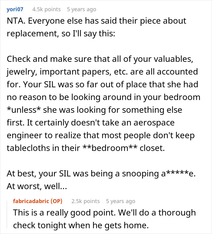 Screenshot of an online discussion about a woman’s beloved $25 yard fabric ruined by guest’s kids and replacement issues. - 26