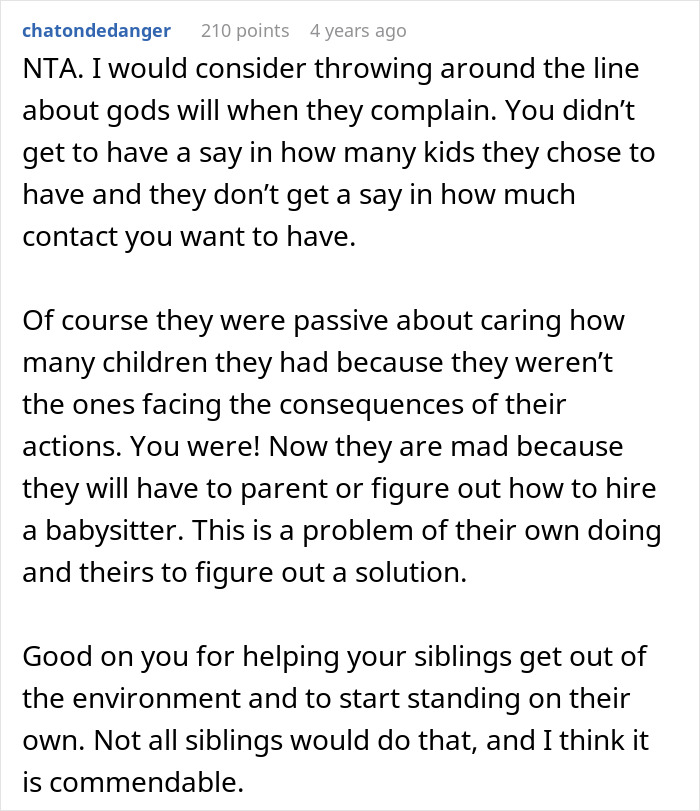 Text of a forum comment discussing frustration with babysitting many siblings and avoiding parents' demands for childcare help. - 26