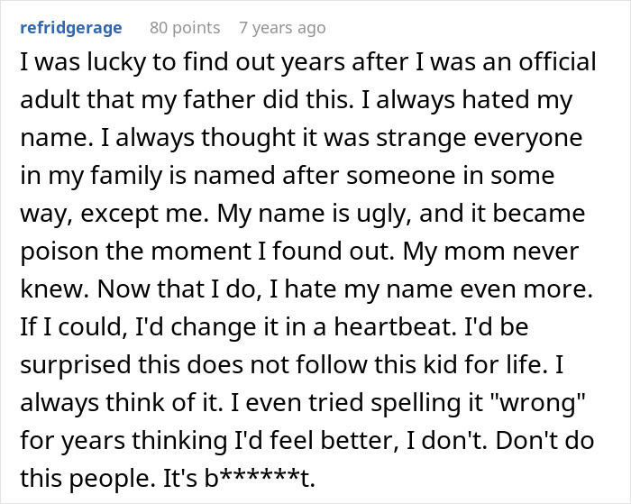 User text from an online forum post about regretting a son’s name after learning its origin, reflecting the husband feels sick theme. - 44