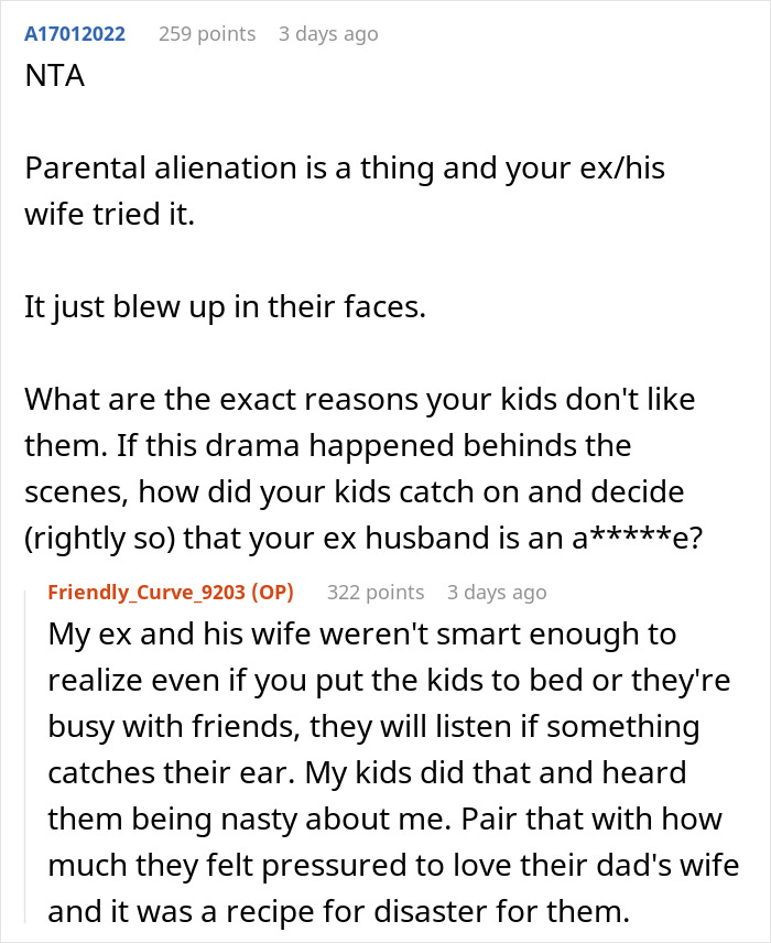 Screenshot of an online discussion about parental alienation and kids choosing to go no-contact with their dad after marriage issues.
