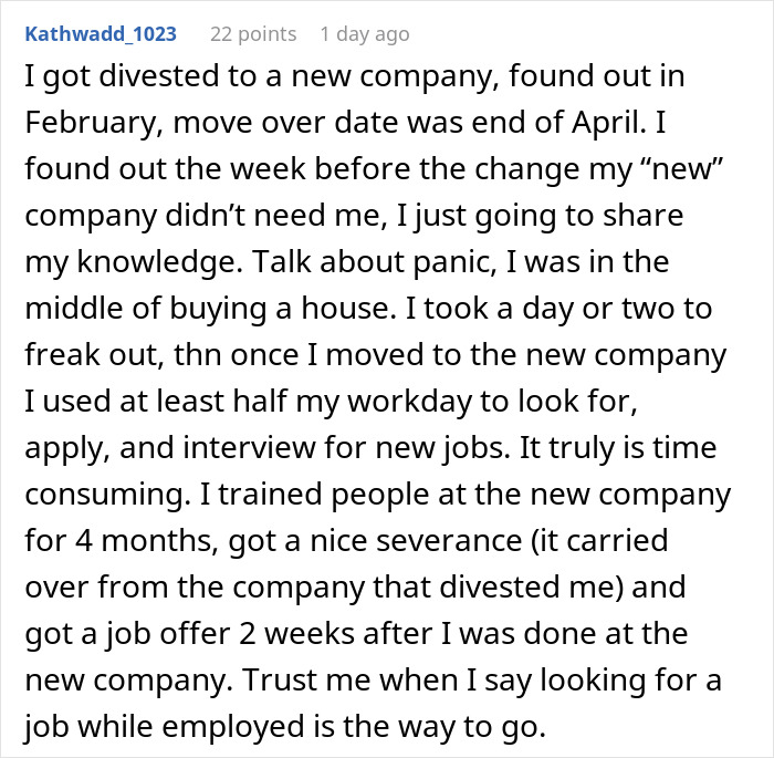 Screenshot of a forum post describing how a person gets laid off, pretends to still be employed, and lands a better job. Screenshot of a forum post describing how a person gets laid off, pretends to still be employed, and lands a better job.