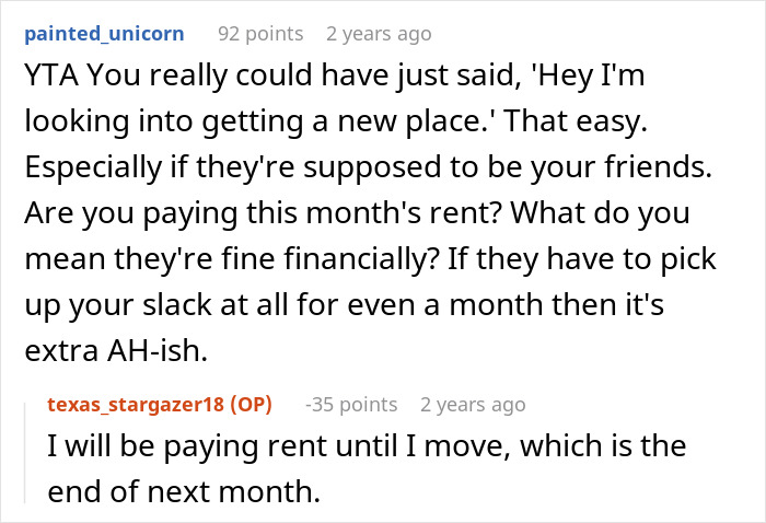 Reddit conversation discussing issues around not telling roommate about buying a house until closed and rent payments.