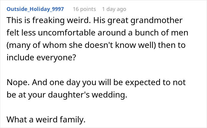 Screenshot of a Reddit comment discussing a call off wedding and describing a weird family tradition involving uncomfortable guest exclusions.