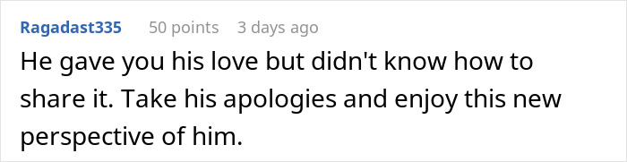 Comment text on a digital screen about a dad, love, apologies, and gaining a new perspective from a storage unit discovery.