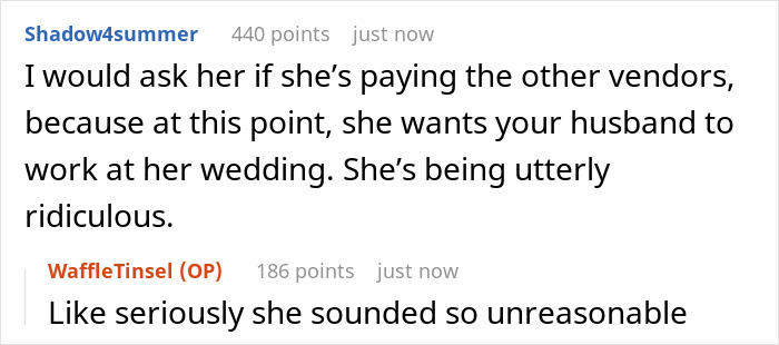 Screenshot of an online discussion about a sister shutting down bride’s demands involving her husband’s car service business. - 14