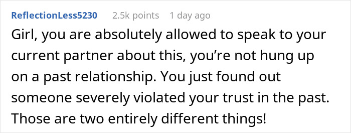 Text post from user ReflectionLess5230 offering advice about addressing trust issues from past relationships. - 28