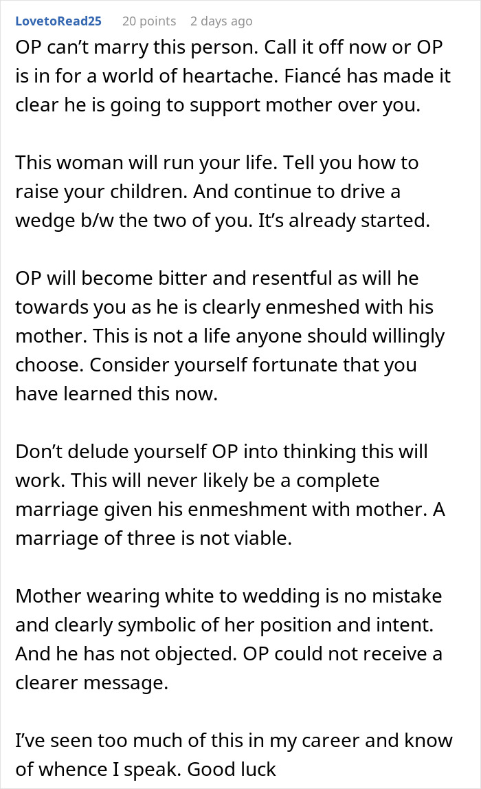 Comment warning about a power struggle in a bride’s wedding as mother-in-law tries to steal the spotlight in head-to-toe white. Comment warning about a power struggle in a bride’s wedding as mother-in-law tries to steal the spotlight in head-to-toe white.