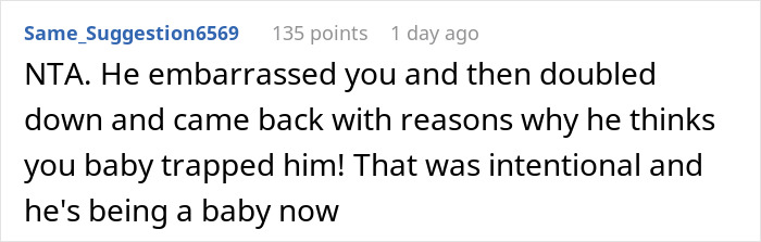 Screenshot of an online comment discussing a husband accusing wife of baby trapping him in front of friends.